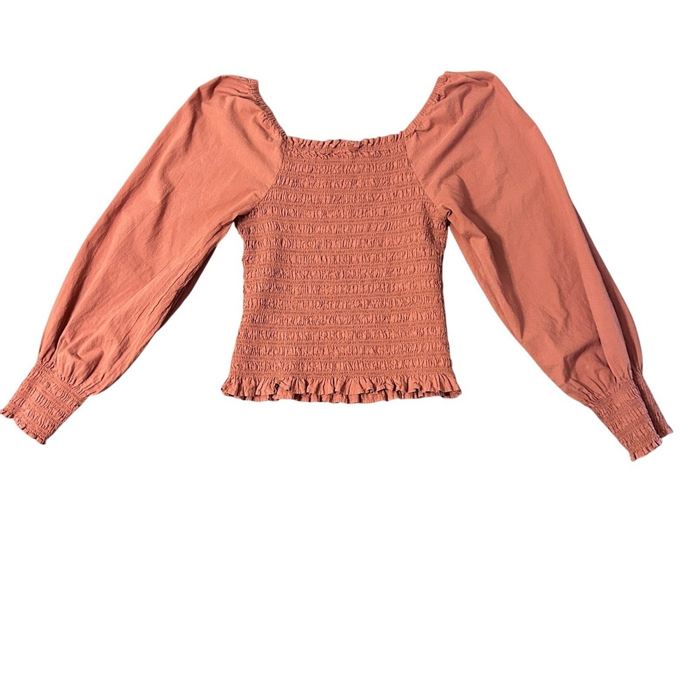Madewell Lucie Smocked Top Womens XS Umber Terracotta Puff Sleeve Square Neck - Picture 2 of 9